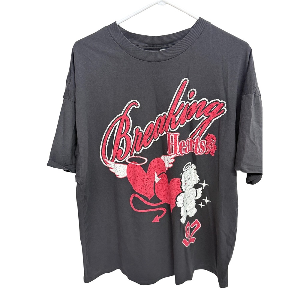 H&M Divided Breaking Hearts Graphic T-Shirt Charcoal Gray Oversized Large